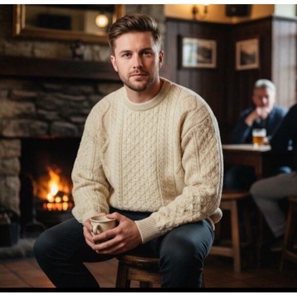 Celtic Country Ireland Sweater Mens XL Wool Chunky Fisherman Knit Aran Ivory - Picture 2 of 14